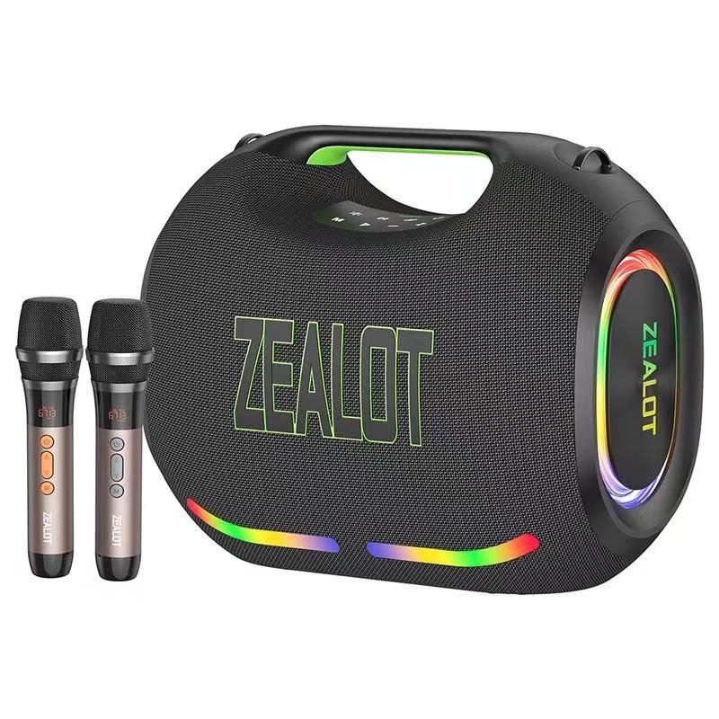 ZEALOT ZE21 250W portable speaker with 2 wireless microphones, RGB lights, and equalizer, supporting TWS/TF/USB/AUX home parties